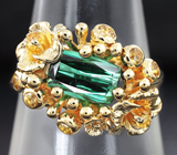 Золотое кольцо с великолепным неоново-зеленым турмалином 1,4 карат и желтыми сапфирами Золото