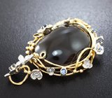 Кулон с крупным черным турмалином, голубыми и синими сапфирами