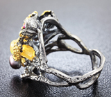 Серебряное кольцо с кристаллическим эфиопским опалом, жемчужиной, гранатом, перидотом и сапфиром Серебро 925