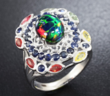 Серебряное кольцо с кристаллический черным опалом и разноцветными сапфирами Серебро 925
