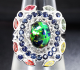 Серебряное кольцо с кристаллический черным опалом и разноцветными сапфирами Серебро 925