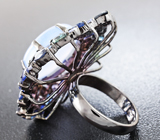 Шикарное серебряное кольцо с голубым халцедоном, сапфирами и танзанитами Серебро 925
