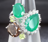 Серебряное кольцо с зелеными агатами, дымчатым кварцем и перидотами Серебро 925