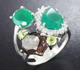 Серебряное кольцо с зелеными агатами, дымчатым кварцем и перидотами Серебро 925