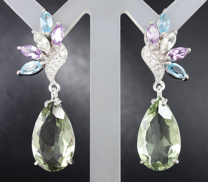 Серебряные сеьрги с празиолитами, аметистами и топазами