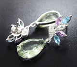 Серебряные сеьрги с празиолитами, аметистами и топазами Серебро 925