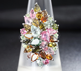 Праздничное серебряное кольцо с разноцветными турмалинами Серебро 925