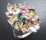 Праздничное серебряное кольцо с разноцветными турмалинами Серебро 925