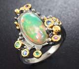 Серебряное кольцо с кристаллическим эфиопским опалом и разноцветными сапфирами Серебро 925