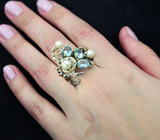 Серебряное кольцо с голубыми топазами и жемчугом Серебро 925