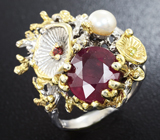 Серебряное кольцо с рубином 3,67 карат, жемчужиной, мозамбикским гранатом и перидотами Серебро 925