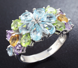 Чудесное серебряное кольцо с голубыми топазами, перидотами, цитринами и аметистами Серебро 925