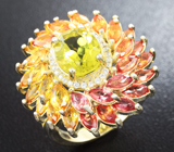 Великолепное cеребряное кольцо с лимонным цитрином и сапфирами Серебро 925