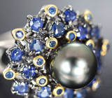Серебряное кольцо с цветной жемчужиной и синими сапфирами Серебро 925