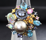 Серебряное кольцо с цветной жемчужиной, опалами, топазами, танзанитами и разноцветными сапфирами Серебро 925
