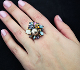 Серебряное кольцо с цветной жемчужиной, опалами, топазами, танзанитами и разноцветными сапфирами Серебро 925