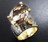 Серебряное кольцо с дымчатым кварцем и кристаллическим черным опалом Серебро 925