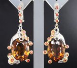 Серебряные серьги с цитринами мадейра и сапфирами Серебро 925