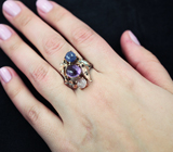 Серебряное кольцо с аметистом, синим сапфиром и розовым кварцем Серебро 925