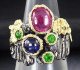 Серебряное кольцо с рубином, сапфиром и цаворитом Серебро 925
