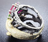 Серебряное кольцо с рубинами, аметистом и диопсидом Серебро 925