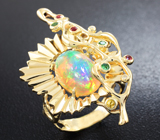 Золотое кольцо с топовым кристаллическим эфиопским опалом 3,75 карат, цаворитами , рубинами и бриллиантами Золото