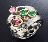 Серебряное кольцо с красными турмалинами, изумрудами и оранжевым сапфиром Серебро 925