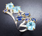 Серебряное кольцо с голубыми топазами, кианитами и танзанитами Серебро 925