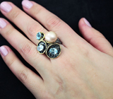 Серебряное кольцо с жемчужиной и голубыми топазам Серебро 925