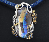 Серебряный кулон с австралийским болдер опалом и синими сапфирами на шнуре из кожи ската Серебро 925