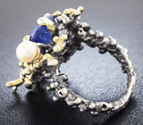 Серебряное кольцо с синим сапфиром 6,91 карат и жемчугом Серебро 925