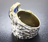 Серебряное кольцо с синим сапфиром 3,35 карат и аметистами Серебро 925