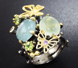 Серебряное кольцо с аквамарином, зеленым бериллом и самоцветами Серебро 925