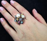 Серебряное кольцо с жемчужиной барокко, опалом и самоцветами Серебро 925