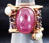 Серебряное кольцо с рубином, жемчугом и родолитами Серебро 925