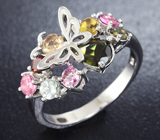 Прелестное серебряное кольцо с разноцветными турмалинами Серебро 925