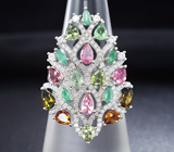 Великолепное серебряное кольцо с разноцветными турмалинами и изумрудами