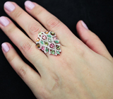 Великолепное серебряное кольцо с разноцветными турмалинами и изумрудами Серебро 925