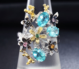 Серебряное кольцо с голубыми апатитами и разноцветными турмалинами Серебро 925