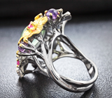 Серебряное кольцо с пренитом и самоцветами Серебро 925