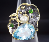 Серебряное кольцо с голубым топазом, диопсидами и жемчугом Серебро 925