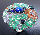 Роскошное серебряное кольцо с кристаллическими опалами, изумрудами, танзанитами и сапфирами Серебро 925