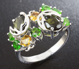 Изящное серебряное кольцо с турмалинами, диопсидами и цитринами Серебро 925