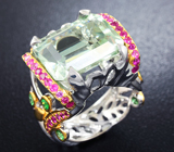 Серебряное кольцо с зеленым аметистом, цаворитами гранатами и сапфирами Серебро 925