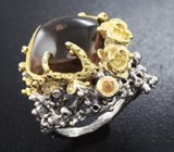 Серебряное кольцо с дымчатым кварцем и сапфирами Серебро 925