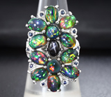 Роскошное серебряное кольцо с кристаллическими черными опалами, звездчатым и синими сапфирами Серебро 925
