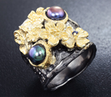 Серебряное кольцо с цветным жемчугом и синим сапфиром Серебро 925