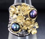 Серебряное кольцо с цветным жемчугом и синим сапфиром Серебро 925