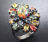 Черненое серебряное кольцо с кристаллическим черным опалом и разноцветными сапфирами Серебро 925