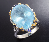 Серебряное кольцо с крупным аквамарином и синими сапфирами Серебро 925